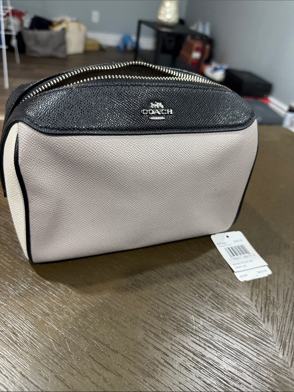 Coach Two-Tone Leather Toiletry Pouch — Black & Light Pink